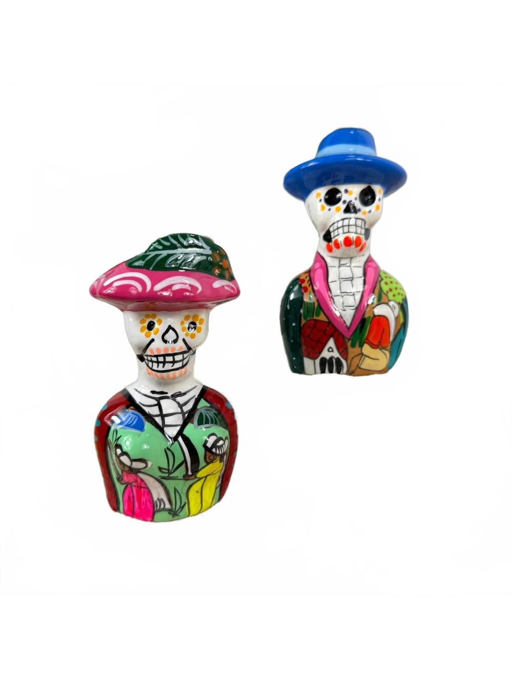 Day of the Dead Ceramic Salt & Pepper Shakers Hand Painted Folk Art Pair